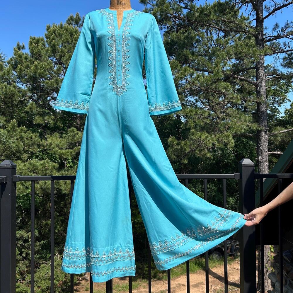 Vintage 60s Sequin Beaded Bell Sleeve Extra Wide Palazzo Pant Jumpsuit XS